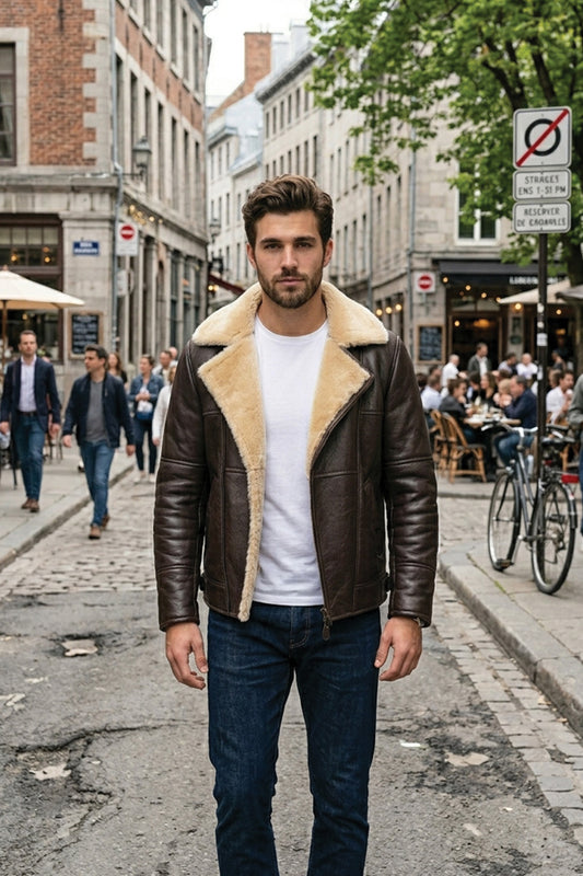 B007 New Men's Real Leather & Fur Bomber Brown Cross Army Style Wear Jacket