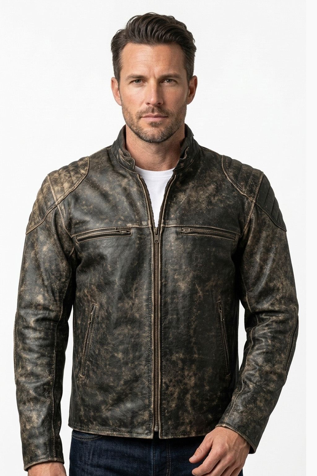 M006 Men's Antique Vintage Cafe Racer Distress Black Biker Retro Army Jacket