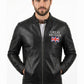 M00106 Men’s Black Leather Jacket with Great Britain Flag – Stand Collar Zip-Up Biker Jacket