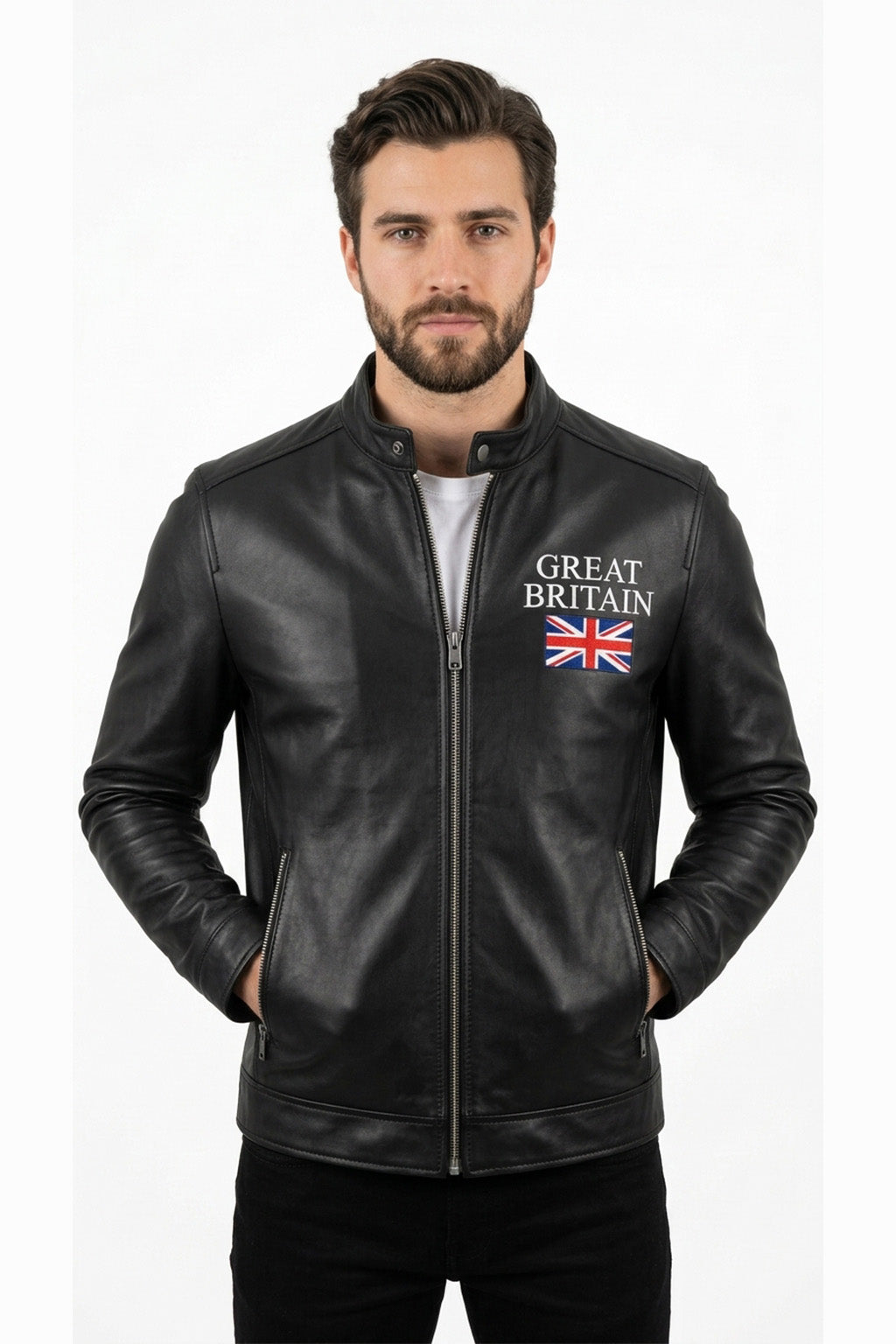 M00106 Men’s Black Leather Jacket with Great Britain Flag – Stand Collar Zip-Up Biker Jacket