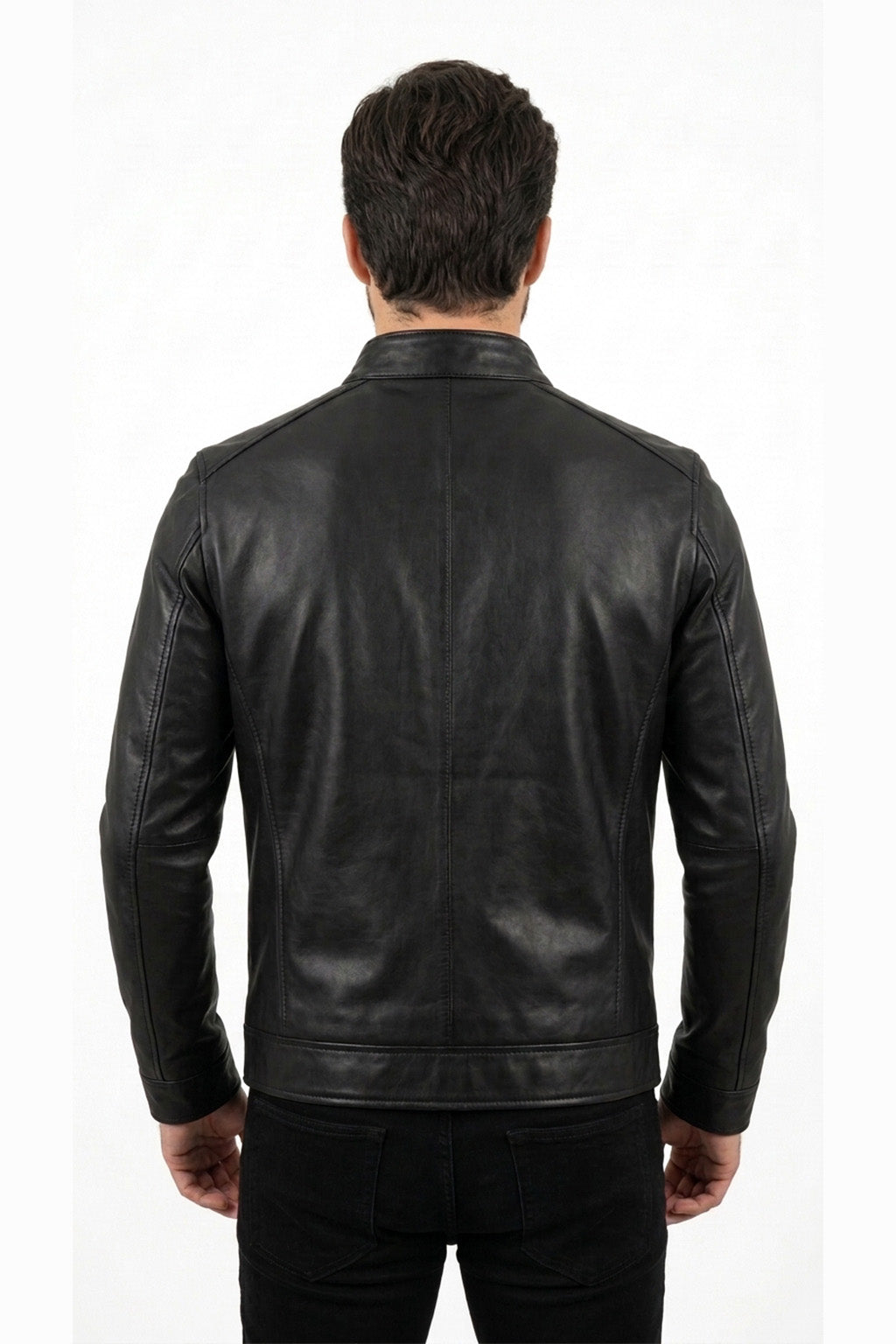 M00106 Men’s Black Leather Jacket with Great Britain Flag – Stand Collar Zip-Up Biker Jacket