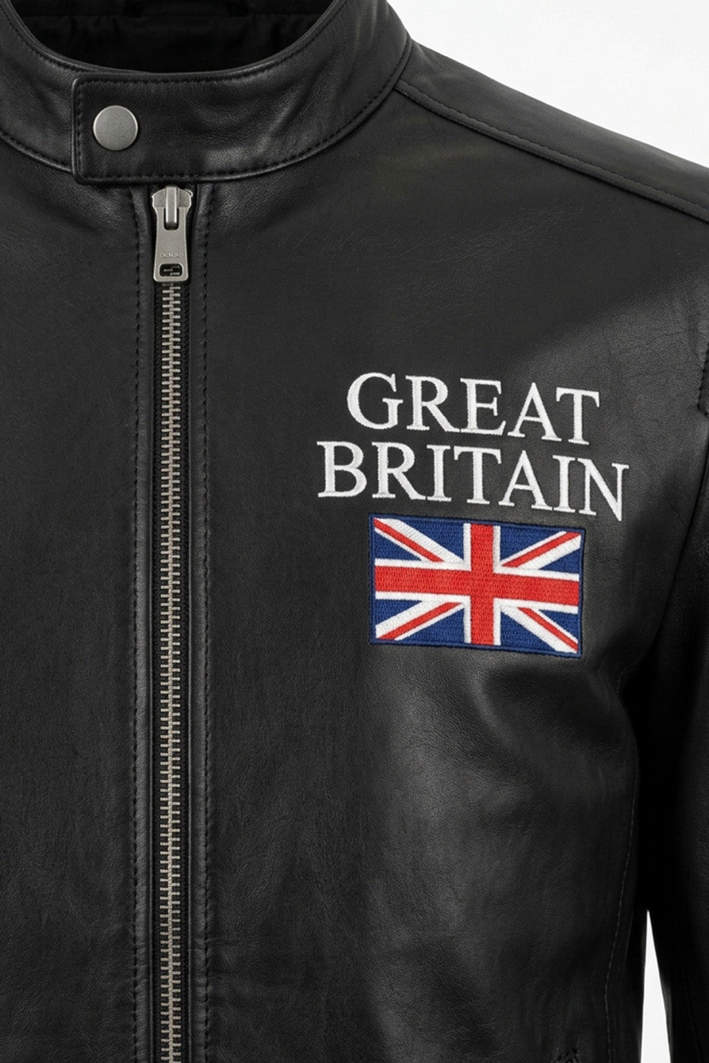 M00106 Men’s Black Leather Jacket with Great Britain Flag – Stand Collar Zip-Up Biker Jacket
