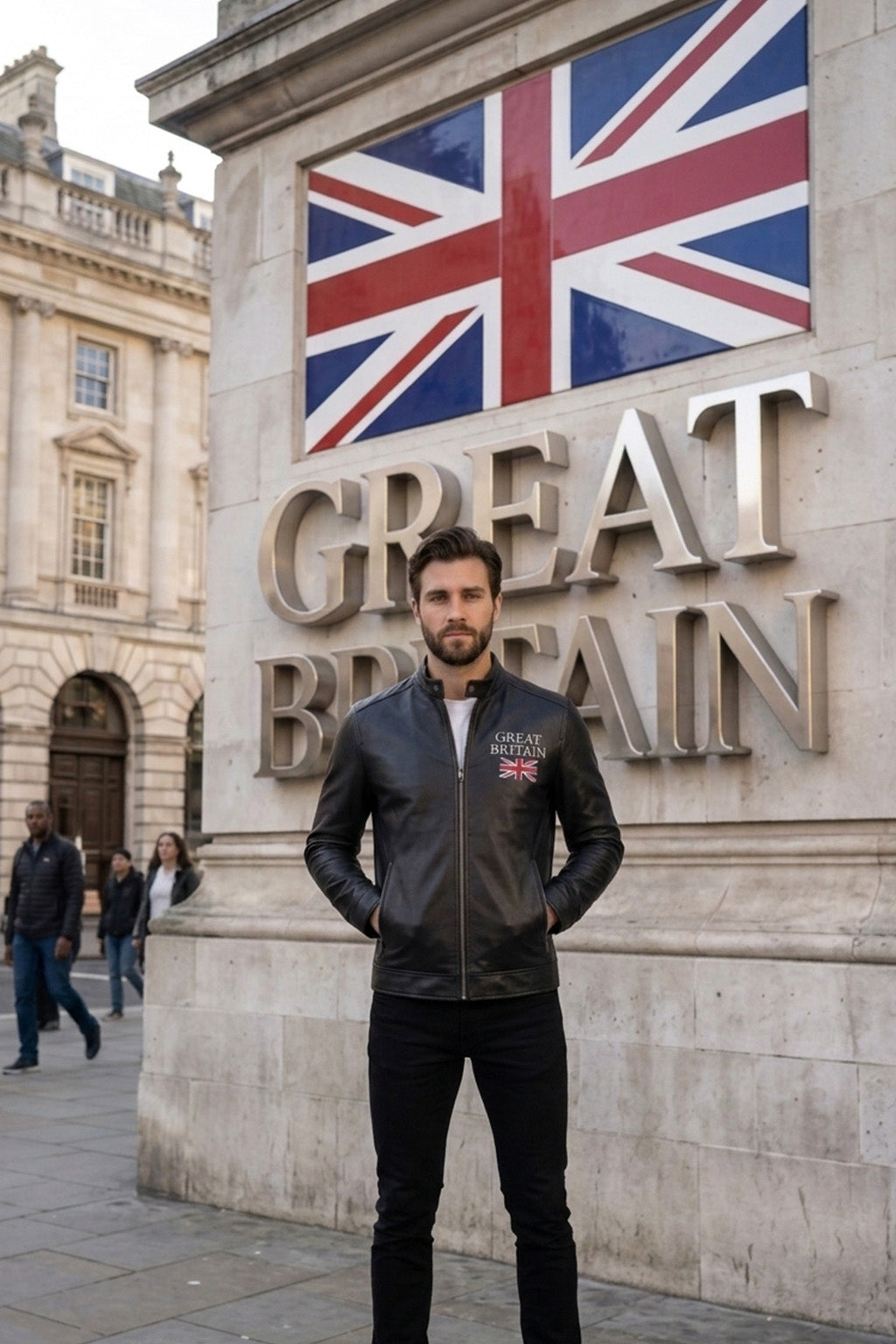 M00106 Men’s Black Leather Jacket with Great Britain Flag – Stand Collar Zip-Up Biker Jacket