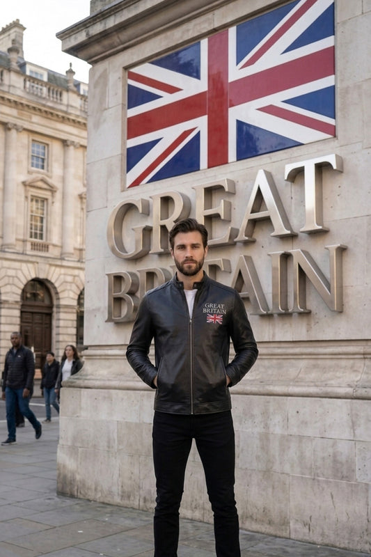 M00106 Men’s Black Leather Jacket with Great Britain Flag – Stand Collar Zip-Up Biker Jacket