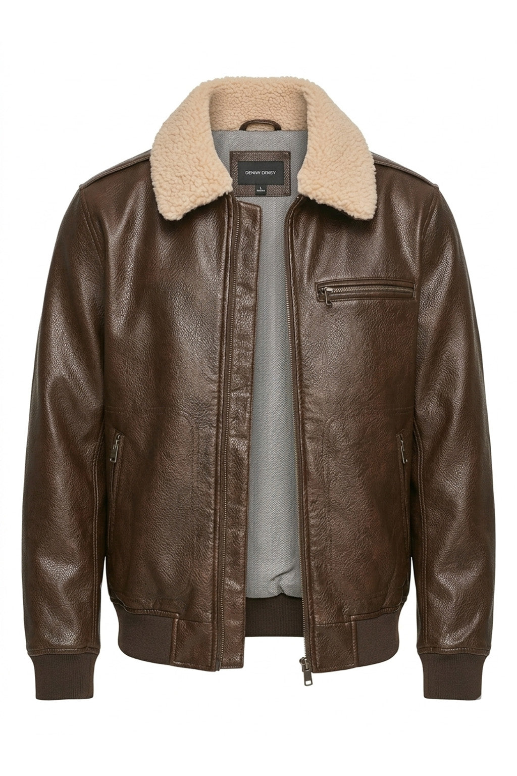 A001 Men's Brown Leather Bomber - Cream Fur Collar