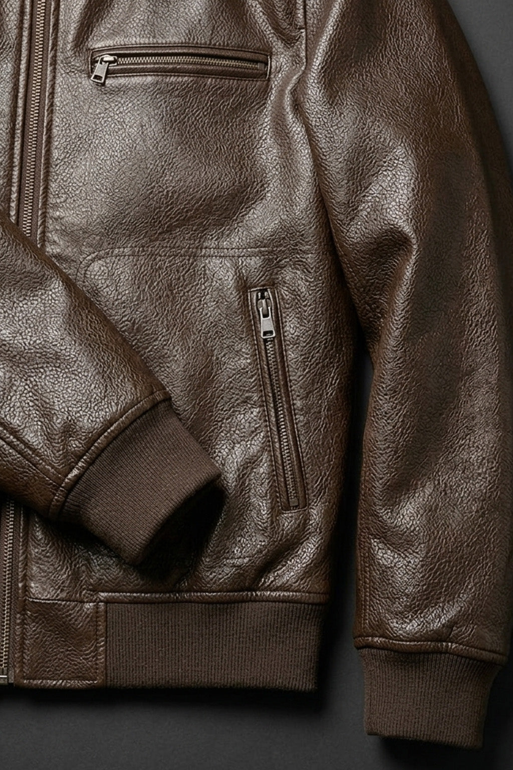 A001 Men's Brown Leather Bomber - Cream Fur Collar