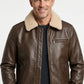 A001 Men's Brown Leather Bomber - Cream Fur Collar