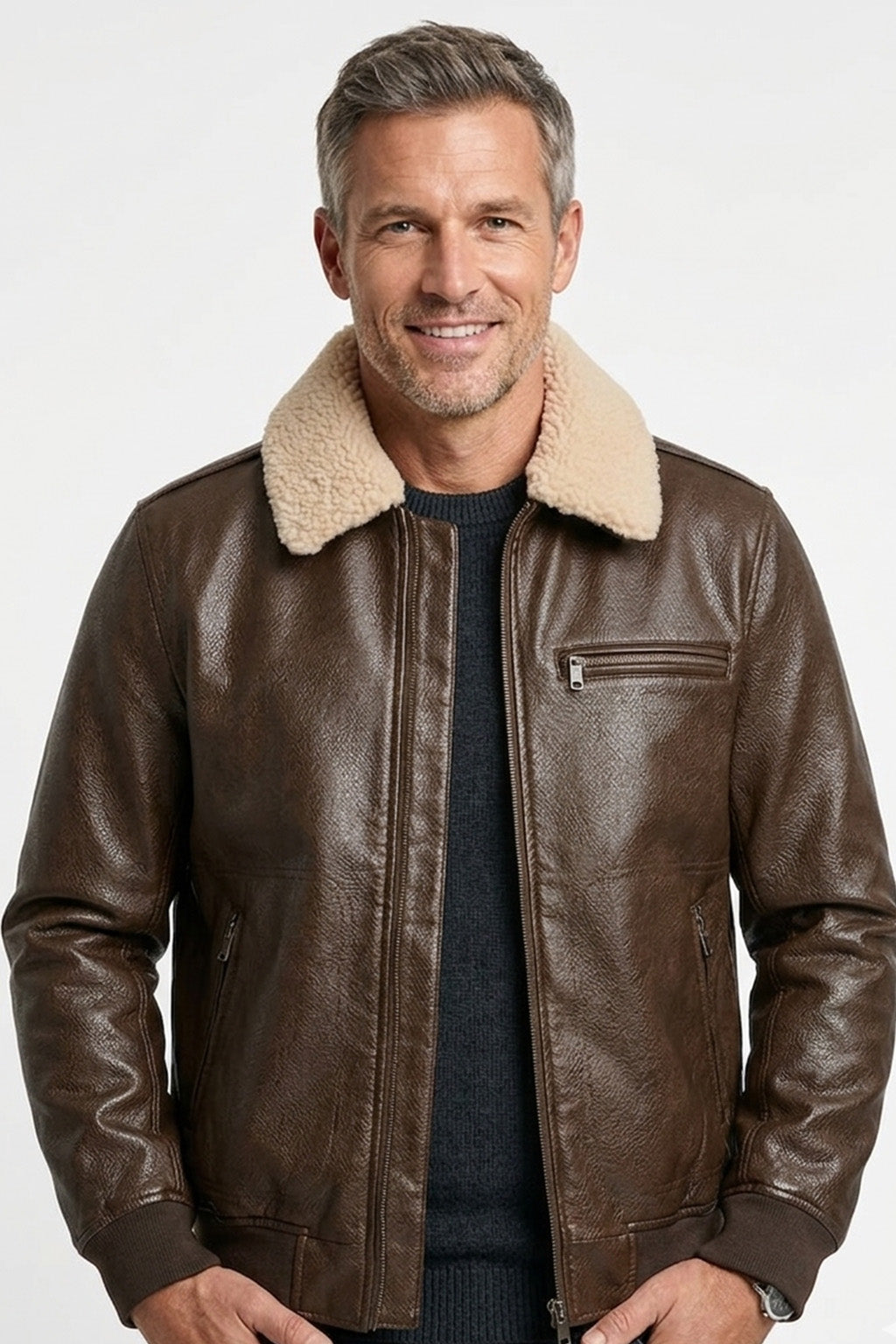 A001 Men's Brown Leather Bomber - Cream Fur Collar