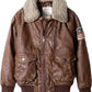A002 Classic Brown Leather Aviator Jacket with Shearling Collar & Flag Patch