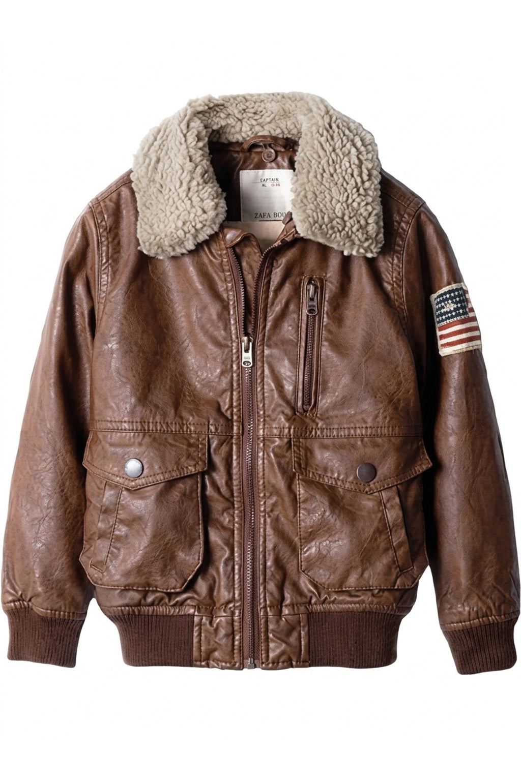 A002 Classic Brown Leather Aviator Jacket with Shearling Collar & Flag Patch