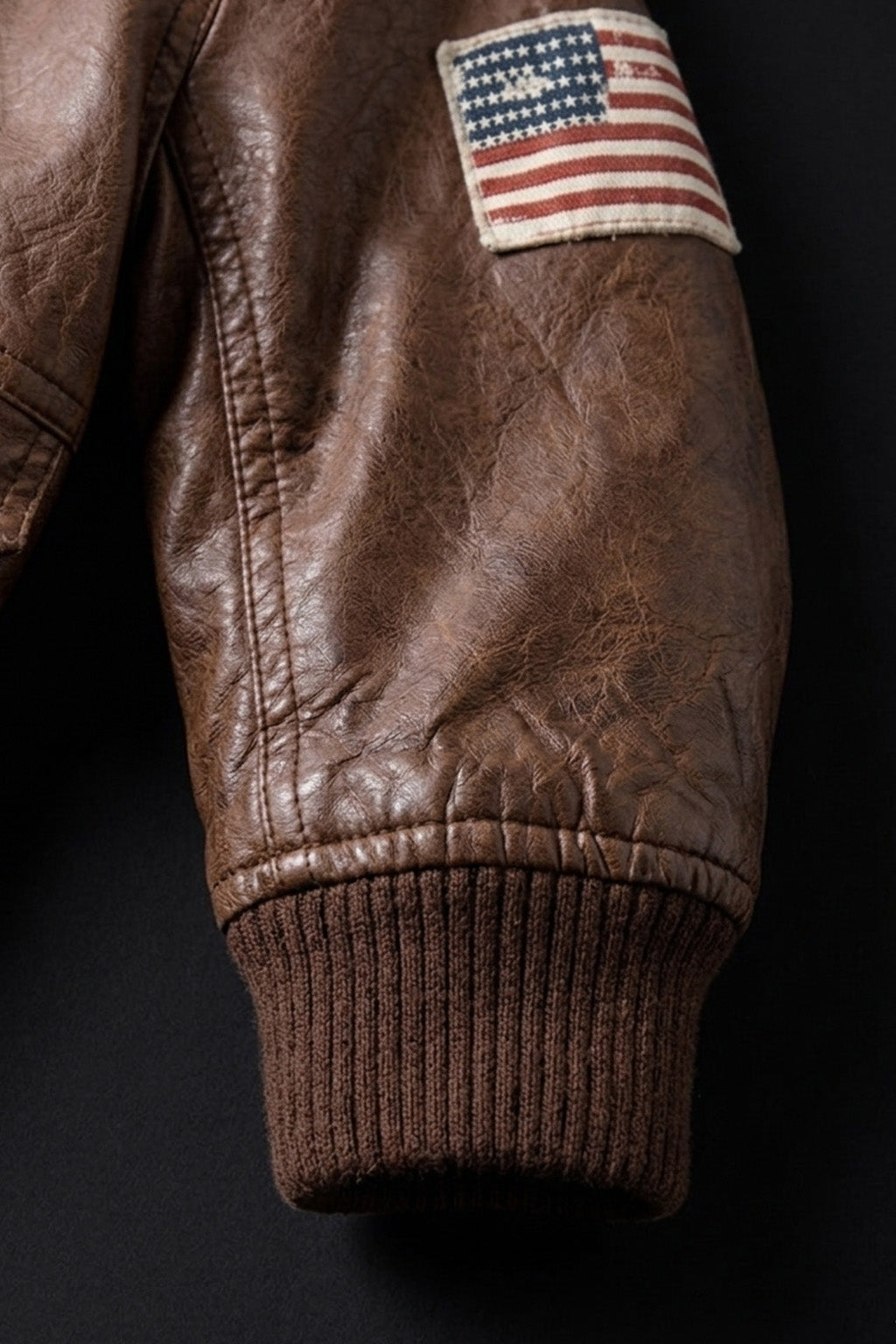A002 Classic Brown Leather Aviator Jacket with Shearling Collar & Flag Patch