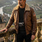 A002 Classic Brown Leather Aviator Jacket with Shearling Collar & Flag Patch
