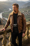 A002 Men's Real Leather Flight Bomber Aviator Jacket  Brown with Removable Fur Collar