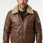 A002 Classic Brown Leather Aviator Jacket with Shearling Collar & Flag Patch