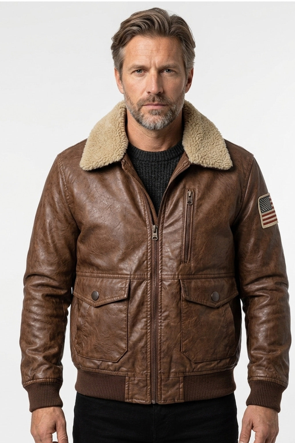 A002 Classic Brown Leather Aviator Jacket with Shearling Collar & Flag Patch