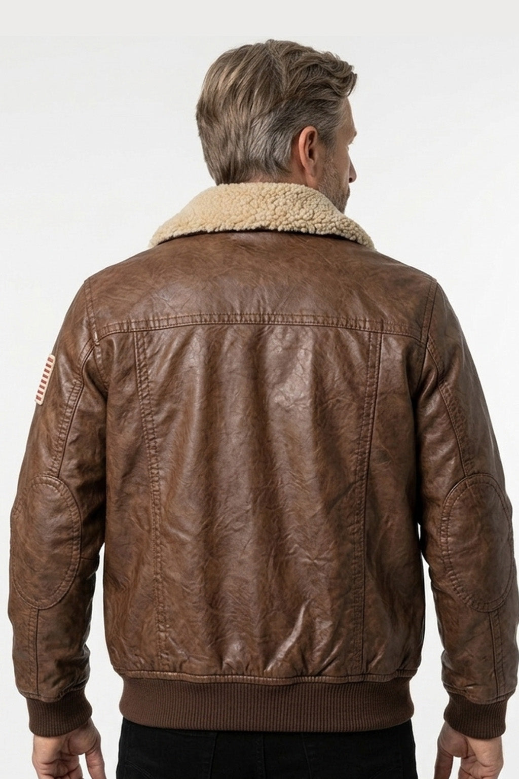 A002 Classic Brown Leather Aviator Jacket with Shearling Collar & Flag Patch
