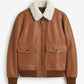 A003 Classic Tan Leather Bomber with Fur Collar - Ribbed Trim