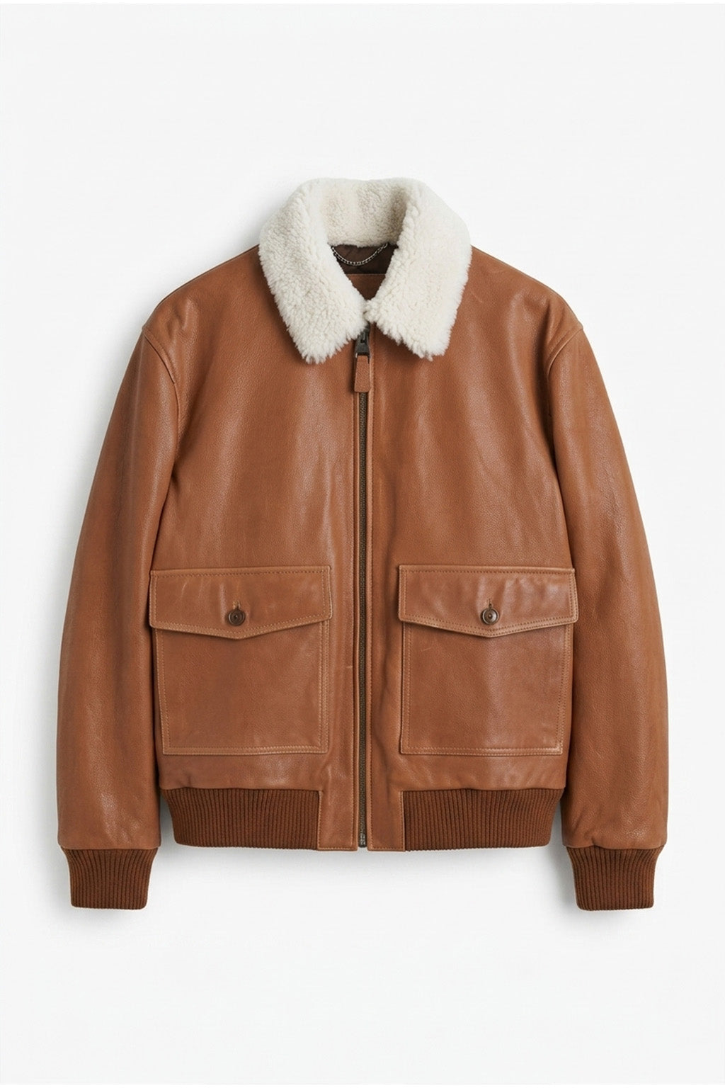 A003 Classic Tan Leather Bomber with Fur Collar - Ribbed Trim