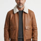 A003 Classic Tan Leather Bomber with Fur Collar - Ribbed Trim