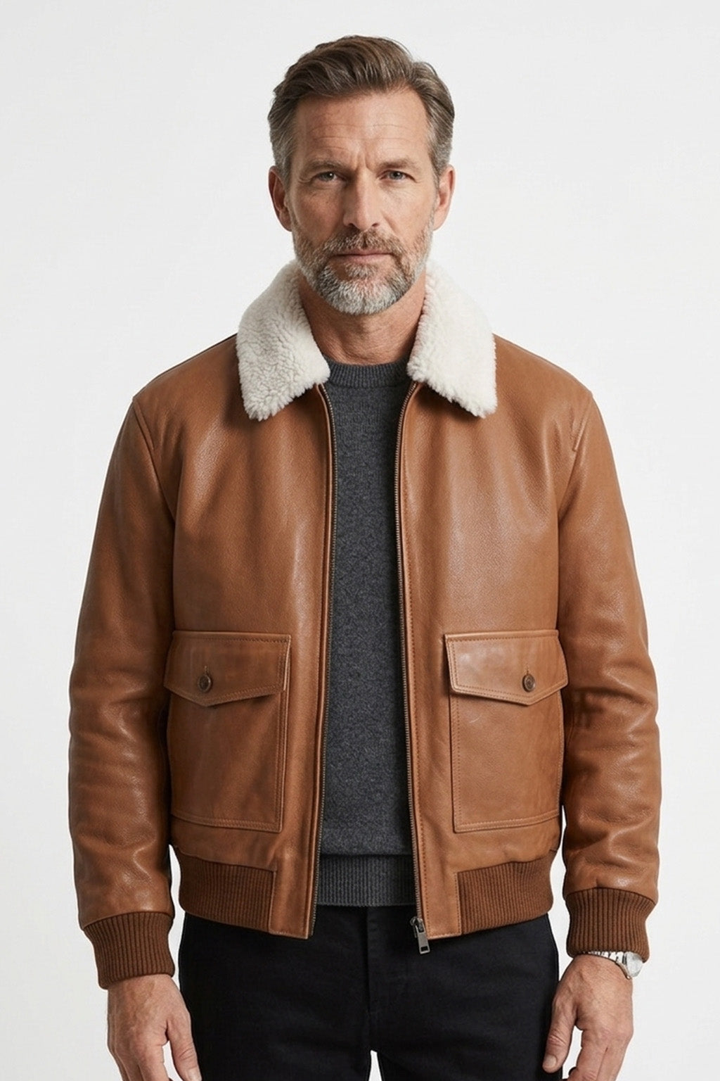 A003 Classic Tan Leather Bomber with Fur Collar - Ribbed Trim