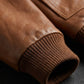 A003 Classic Tan Leather Bomber with Fur Collar - Ribbed Trim