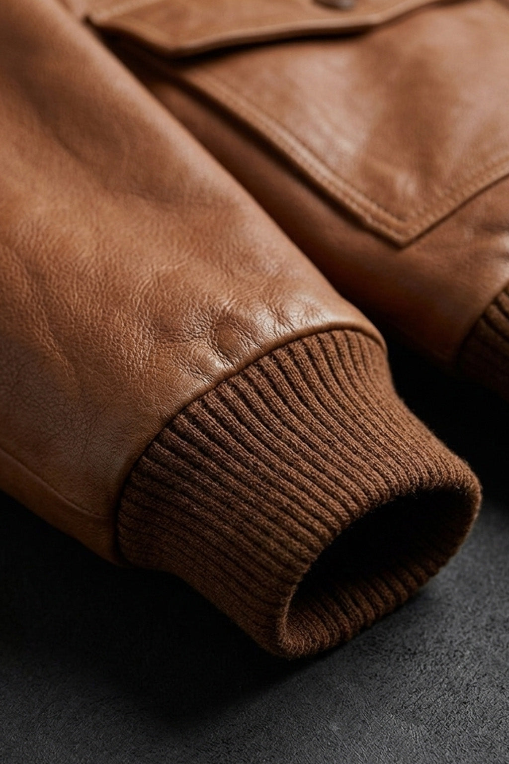 A003 Classic Tan Leather Bomber with Fur Collar - Ribbed Trim