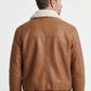 A003 Classic Tan Leather Bomber with Fur Collar - Ribbed Trim
