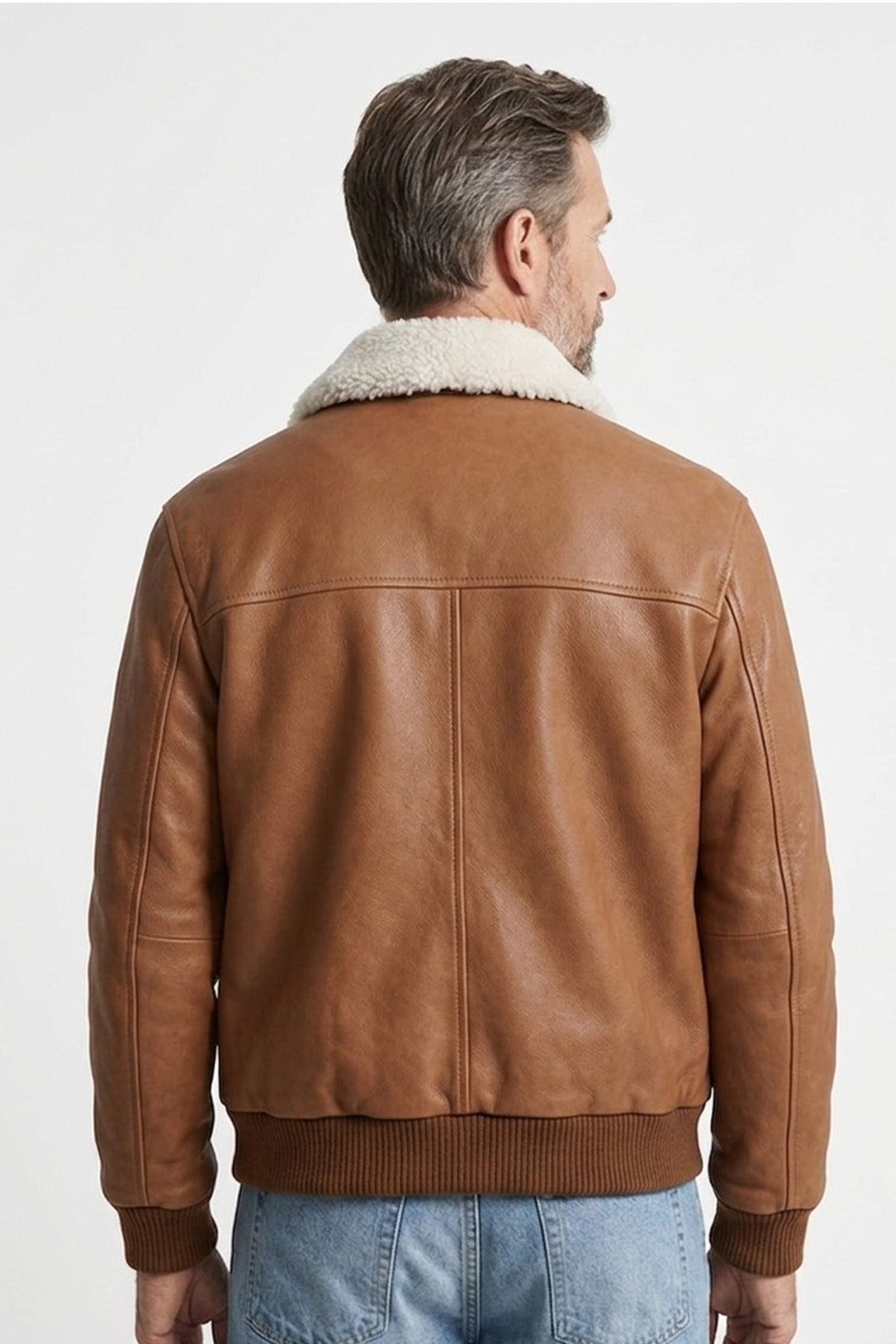 A003 Classic Tan Leather Bomber with Fur Collar - Ribbed Trim