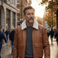 A003 Classic Tan Leather Bomber with Fur Collar - Ribbed Trim