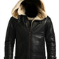 B001 Black Shearling Lined Leather Bomber - Full Fur Interior with Hood