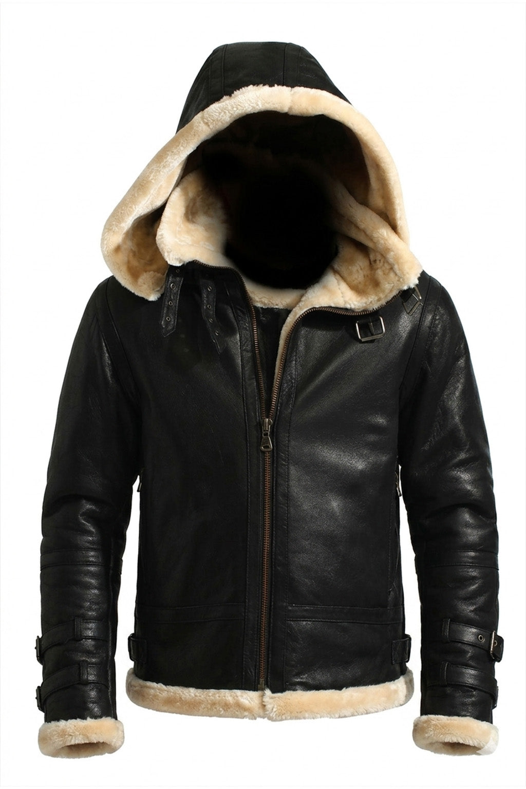 B001 Black Shearling Lined Leather Bomber - Full Fur Interior with Hood