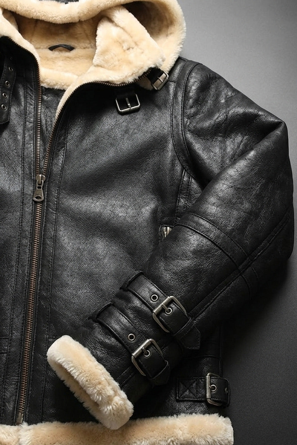 B001 Black Shearling Lined Leather Bomber - Full Fur Interior with Hood