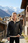 B001 B3 Black Removable Hood Fur Shearling Genuine Leather Bomber Black Jacket For Men