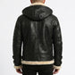 B001 Black Shearling Lined Leather Bomber - Full Fur Interior with Hood