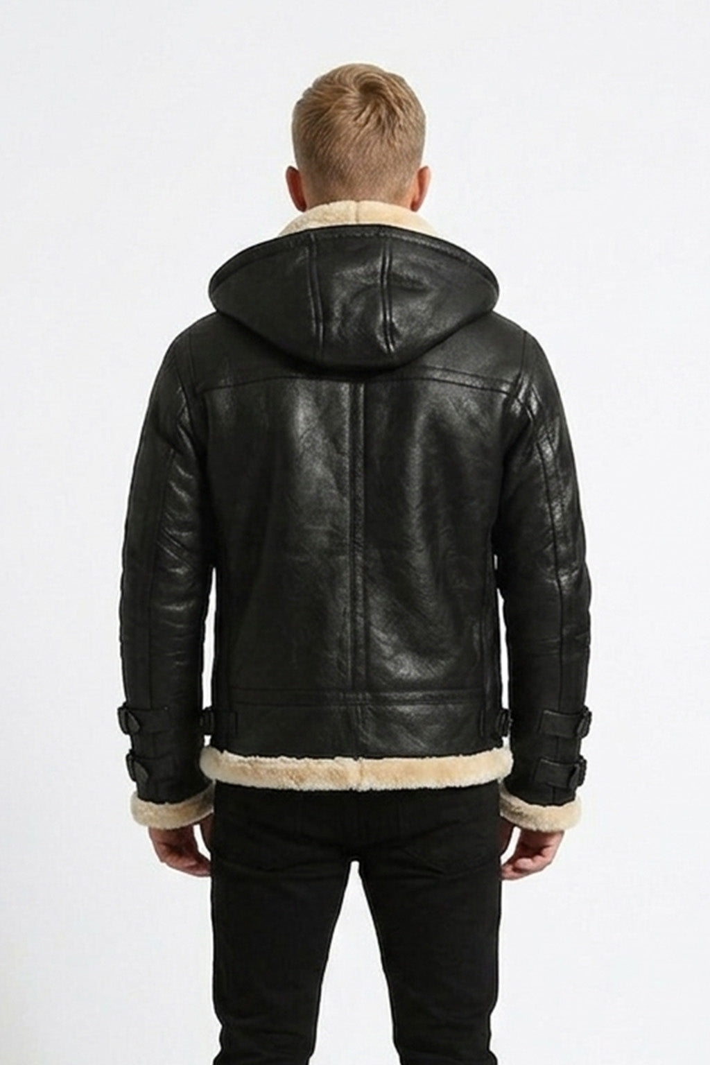 B001 Black Shearling Lined Leather Bomber - Full Fur Interior with Hood