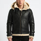 B001 Black Shearling Lined Leather Bomber - Full Fur Interior with Hood