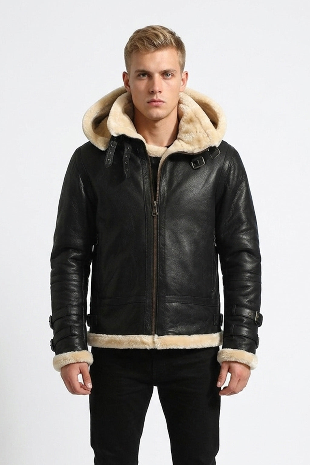 B001 Black Shearling Lined Leather Bomber - Full Fur Interior with Hood