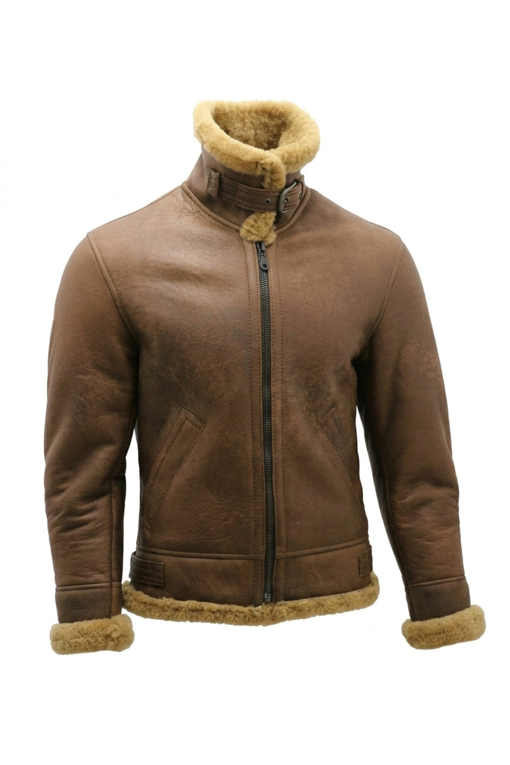 B002 Vintage Brown Leather Flight Jacket - Shearling Trim Bomber