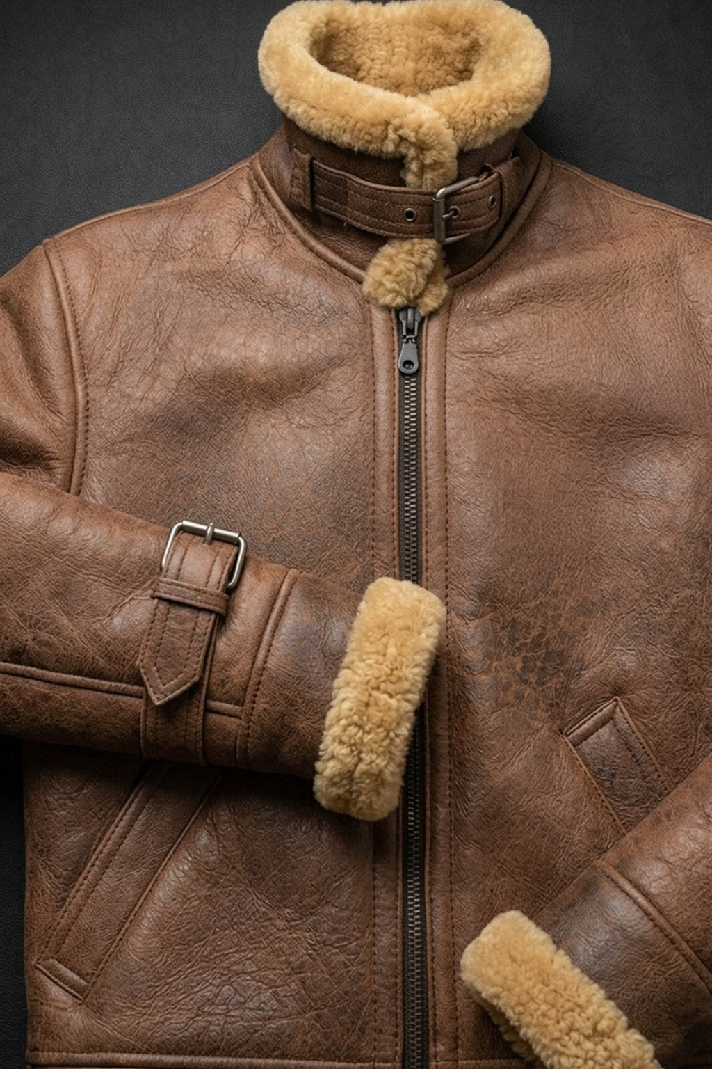 B002 Vintage Brown Leather Flight Jacket - Shearling Trim Bomber