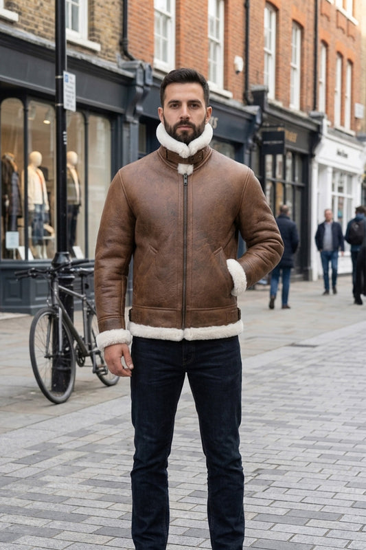 B002 B3 Brown Shearling Coat WWII Bomber Sheep Leather Aviator Shearling Fur Army Style Jacket For Men