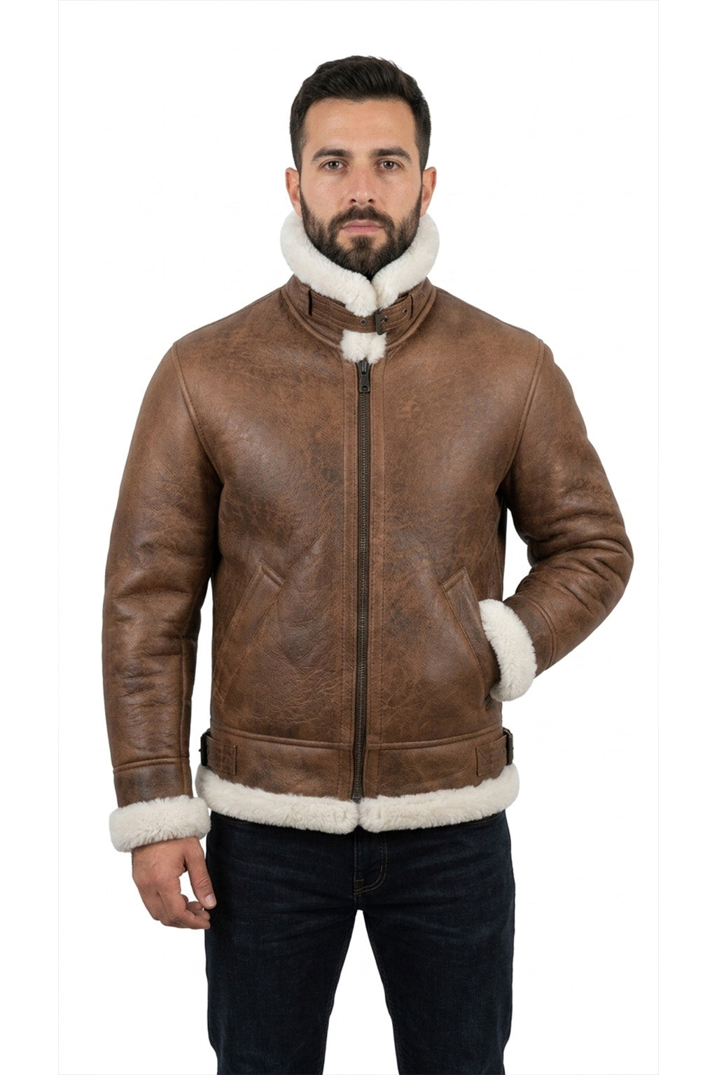 B002 B3 Brown Shearling Coat WWII Bomber Sheep Leather Aviator Shearling Fur Army Style Jacket For Men