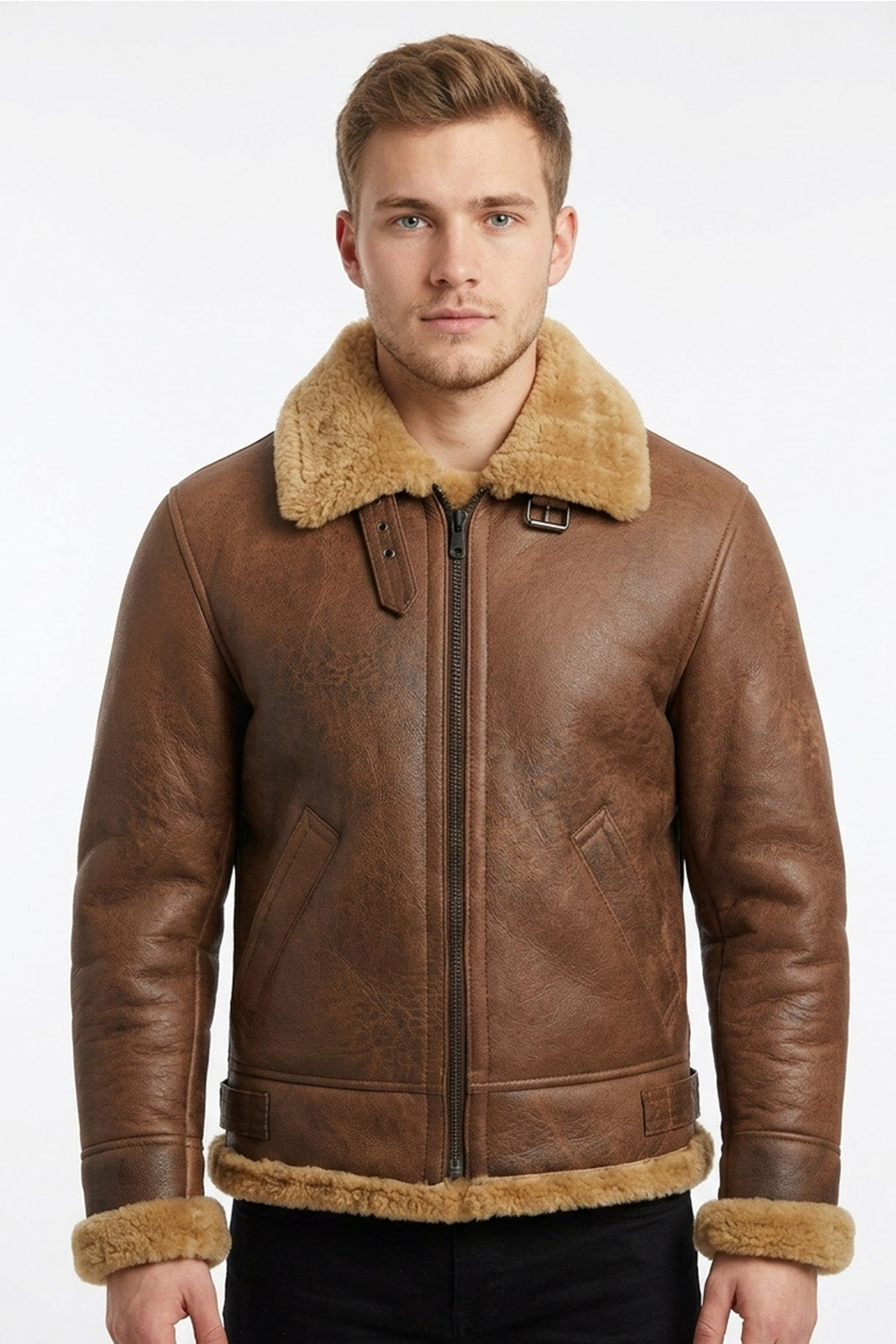 B002 Vintage Brown Leather Flight Jacket - Shearling Trim Bomber
