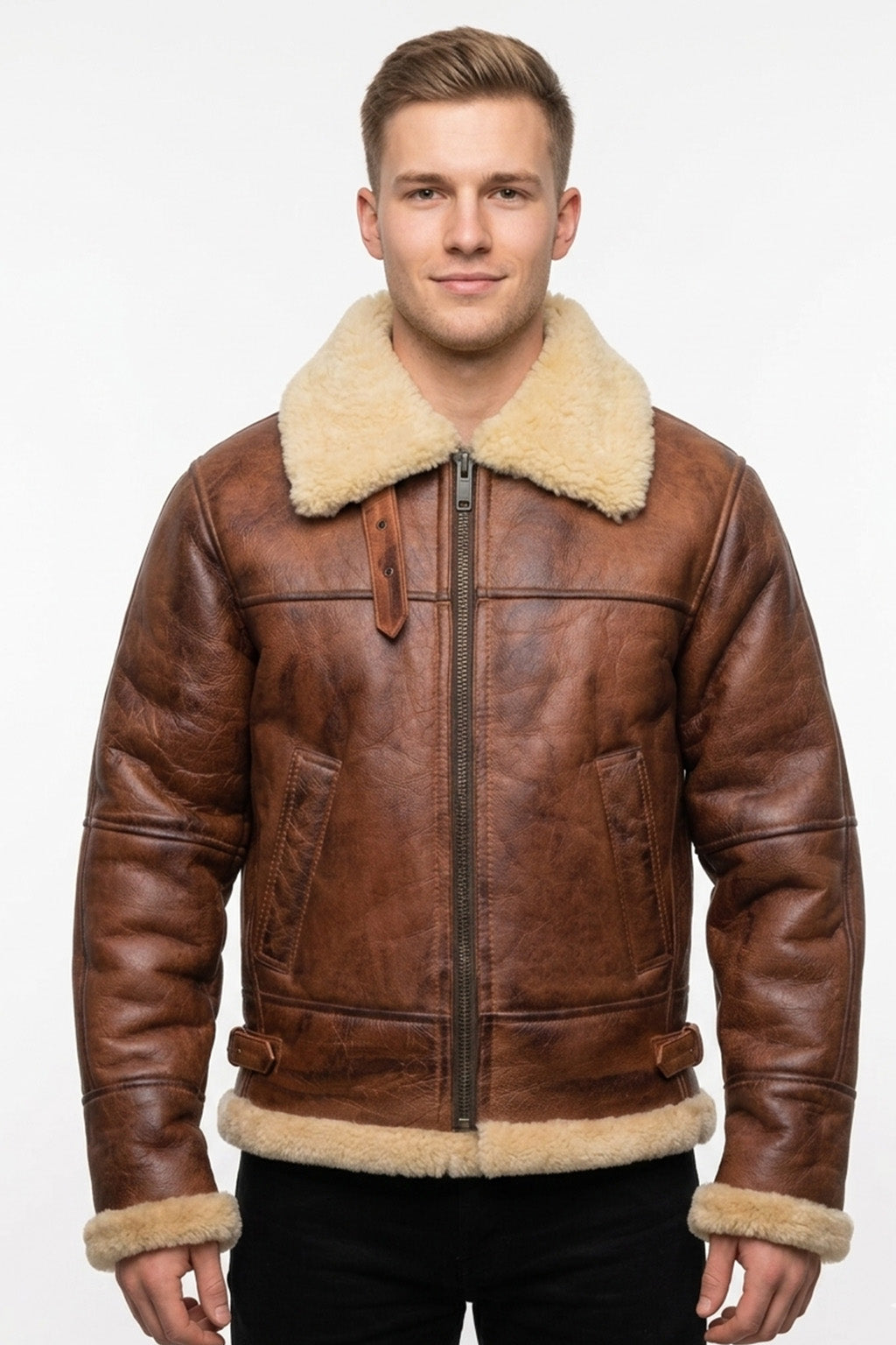 B003 B3 Brown Shearling Coat WWII Bomber Sheep Leather Aviator Jacket For Men's