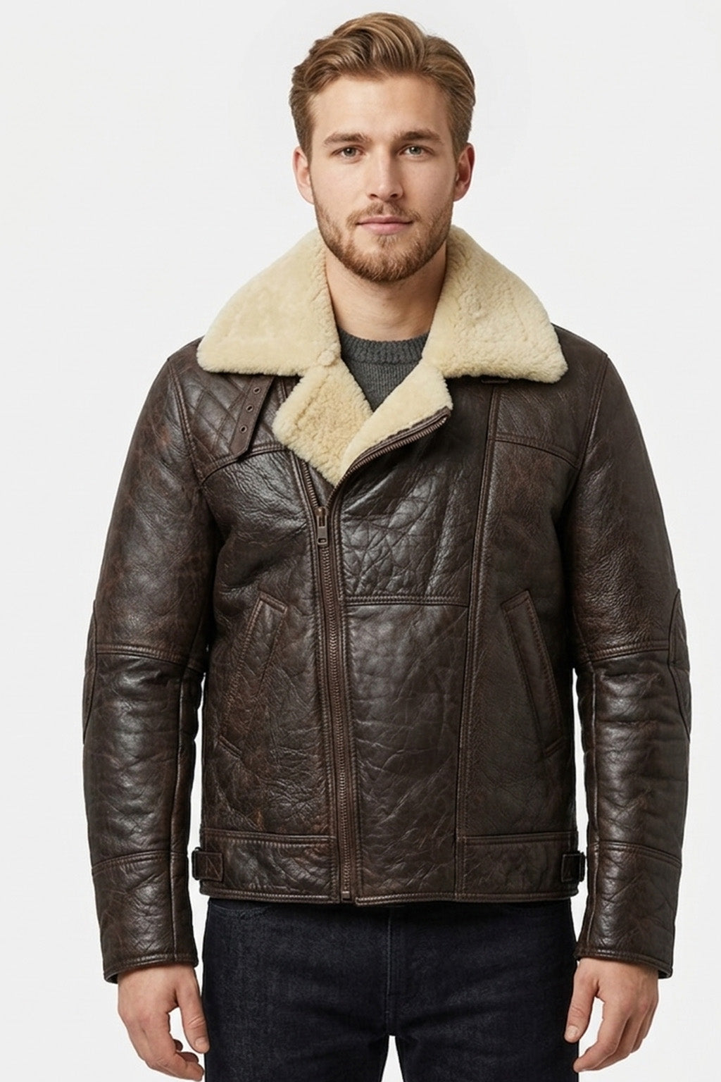 B003 Classic Dark Brown Leather Flight Jacket with Quilted Detail
