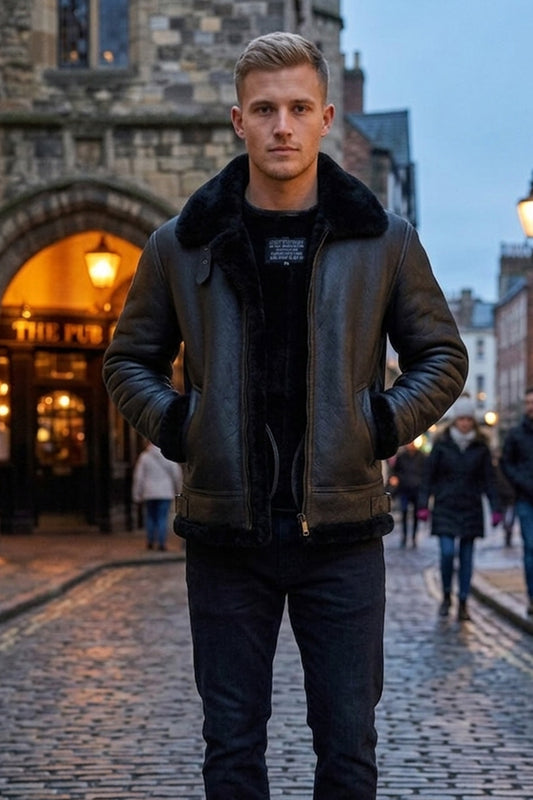 B004 B3 RAF Flying Aviator Real Fur Bomber Black Winter Genuine Leather Men's Jacket