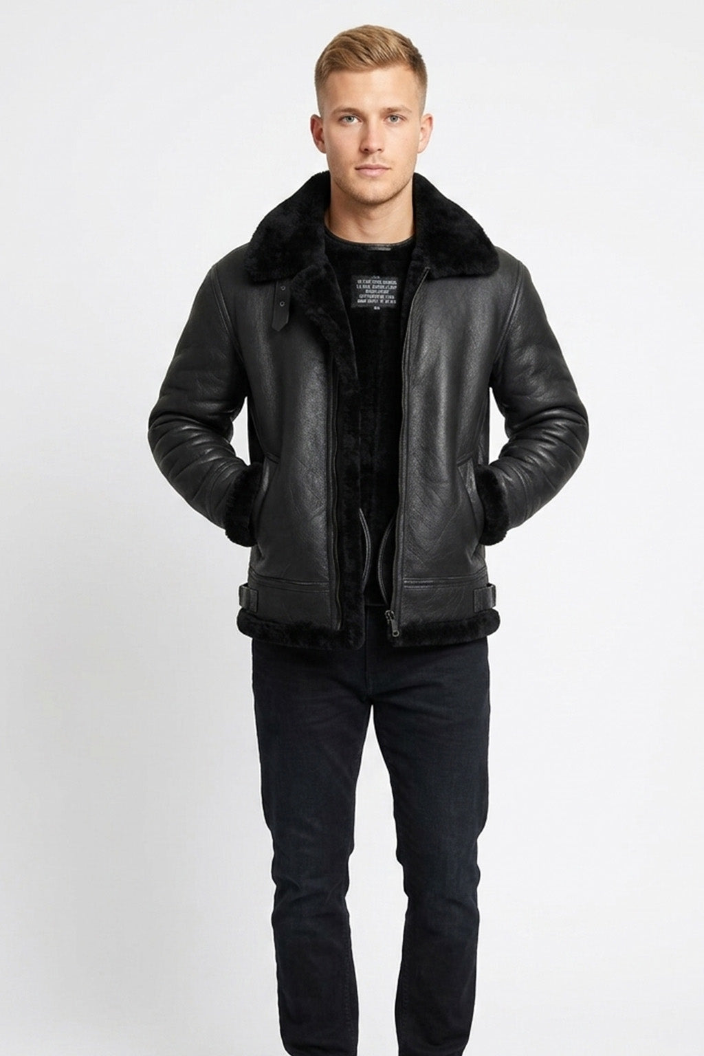 B004 Premium Black Leather Flight Jacket with Fur Trim