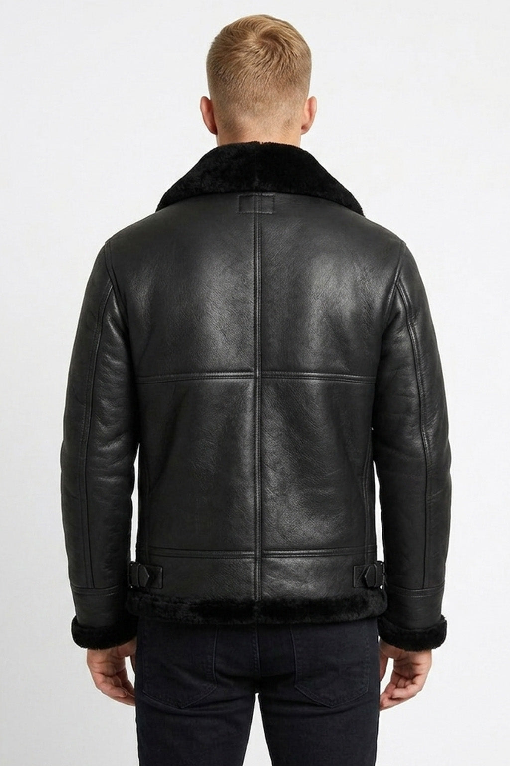 B004 Premium Black Leather Flight Jacket with Fur Trim