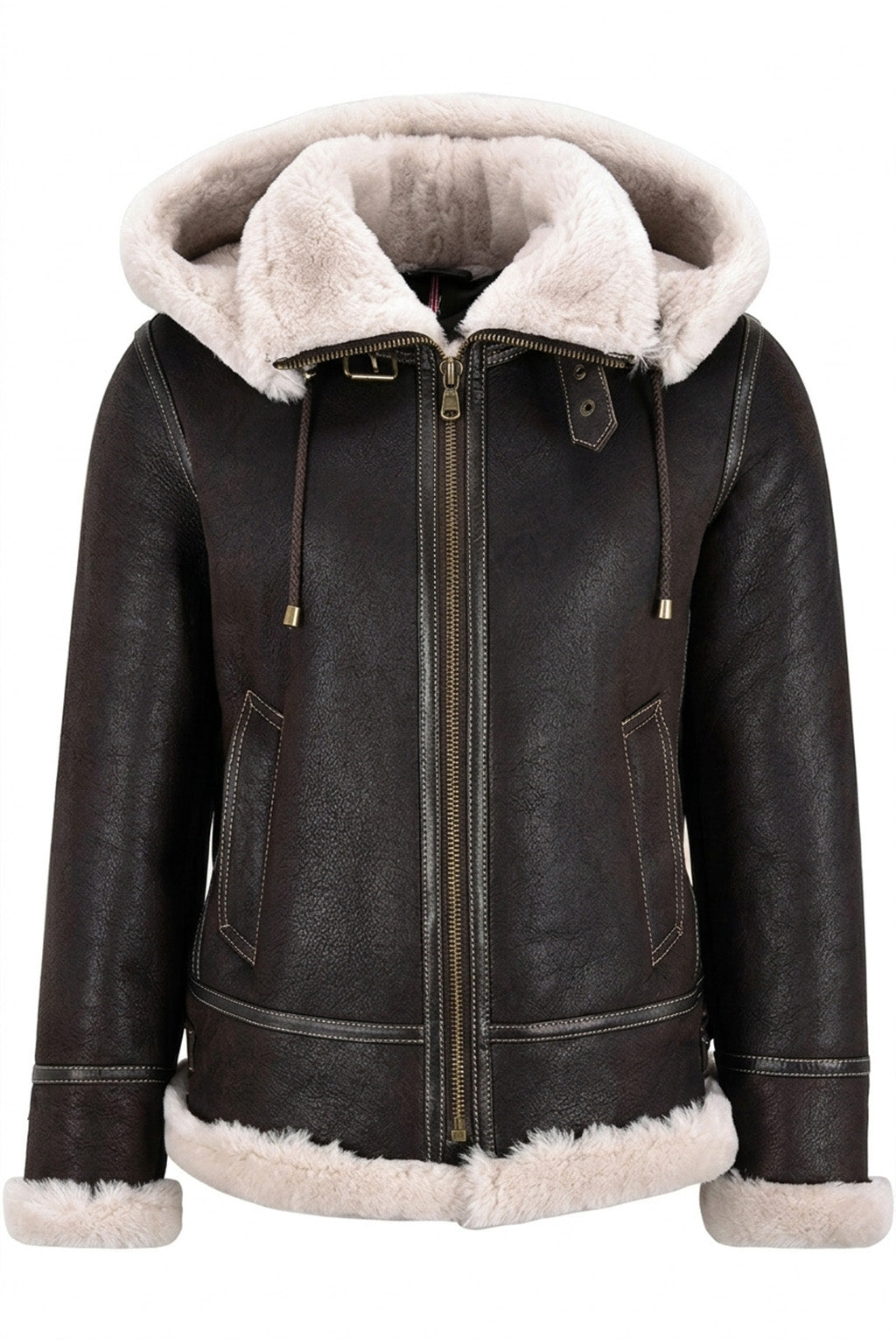 B005 Vintage Brown Hooded Bomber - Cream Fur Lined