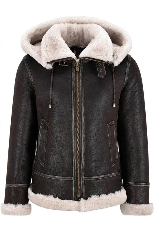 B005 Vintage Brown Hooded Bomber - Cream Fur Lined