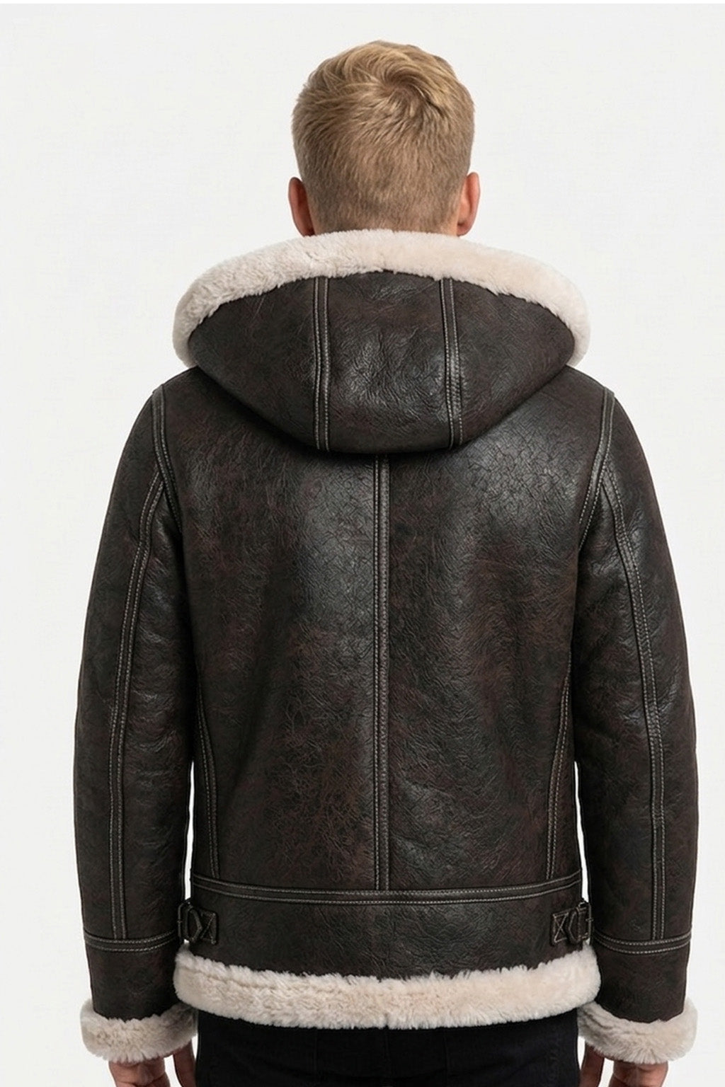 B005 Vintage Brown Hooded Bomber - Cream Fur Lined